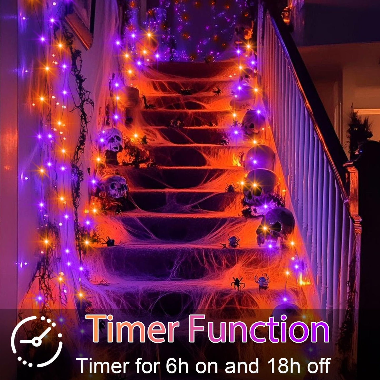 Purple Orange Halloween Timer Fairy Lights Battery Operated 4 Pack 16.4Ft 50 LED Black Wire Twinkle Lights with Timer 5 Modes for Halloween Indoor Outdoor Party Decoration