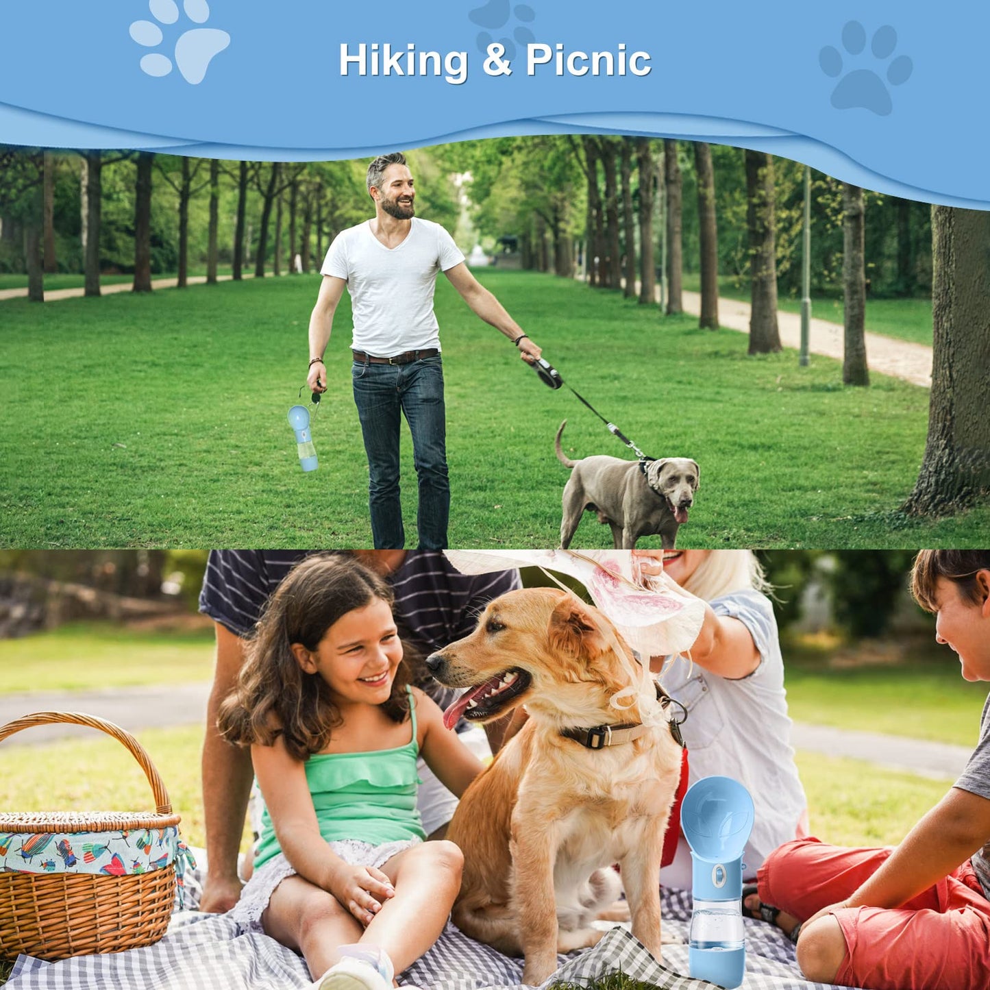 Dog Water Bottle with Food Container, Portable Dogs Water Dispenser, Outdoor Drink Bottles for Puppy, Cat, Pet, Essential Items for Travel, Walking, Hiking, Dog Accessories (Blue, with Food Container)