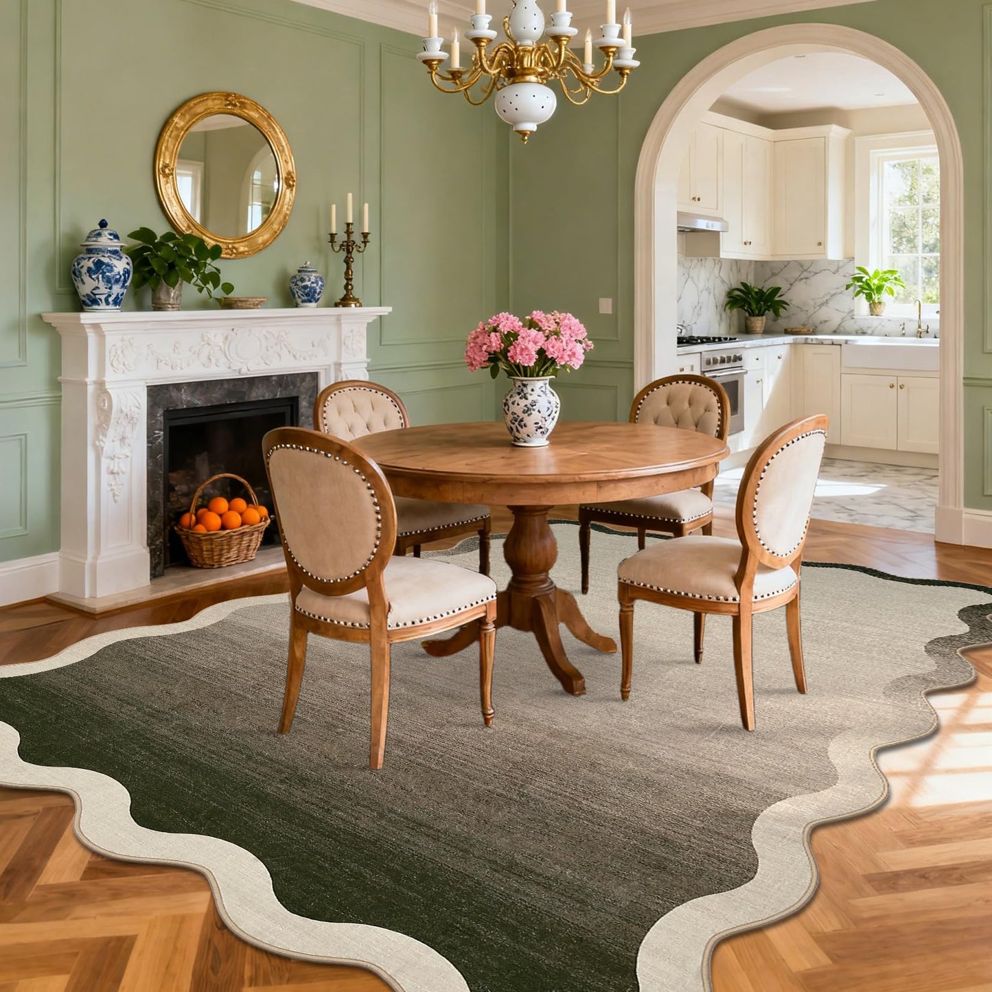 LUXLOOM Large Scalloped Rug 9x12 Non-Slip Contemporary Accent Rugs for Living Room Washable Non-Shedding Ultra-Thin Floor Cover Modern Ombre Indoor Carpet for Bedroom Nursery Kids Room Office Camel