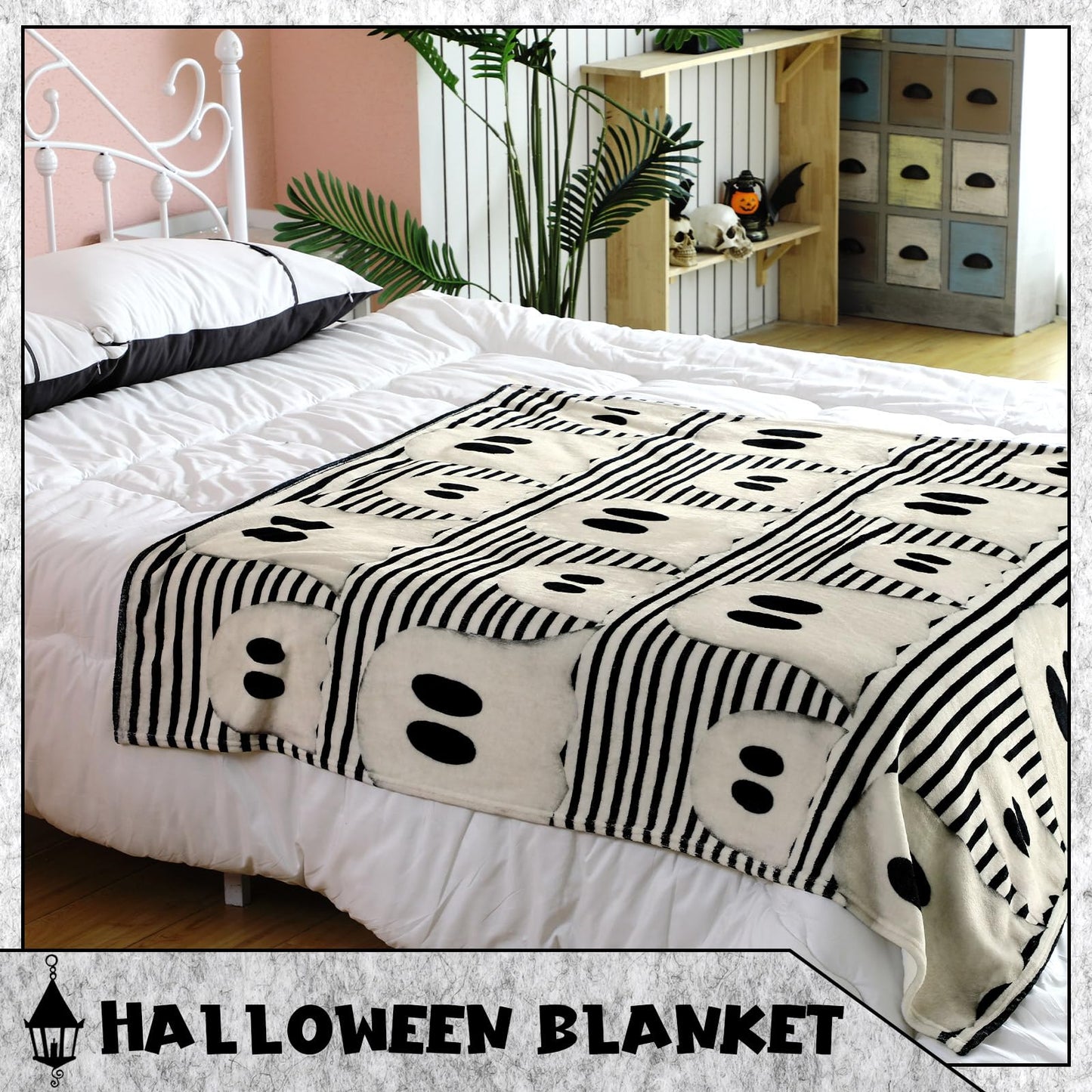 FuWeave Halloween Throw Blanket Cute Rustic Ghost Flannel Blanket Farmhouse Spooky Blanket Soft Black White Striped Blanket Retro Halloween Decoration for Sofa Bed Holiday Party Gifts,50 x60