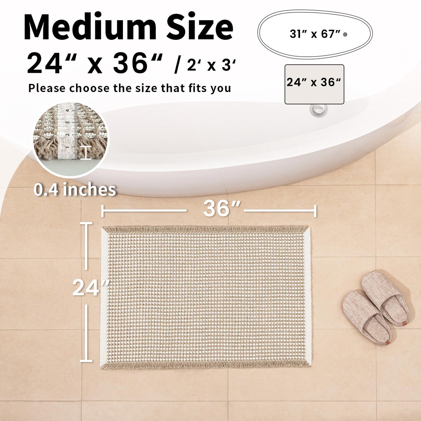 GRLYUH Waffle Bath Mat - Boho Bathroom Rugs Non Slip Washable, Super Absorbent & Quick Dry, Soft Bath Mat Farmhouse Bathroom Decor, 24'' x 36'', Khaki and White