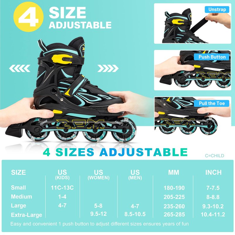 2PM SPORTS Vinal Girls and Boys Adjustable Flashing Inline Skates, All Wheels Light Up, Fun Illuminating for Kids and Women- Cyan M