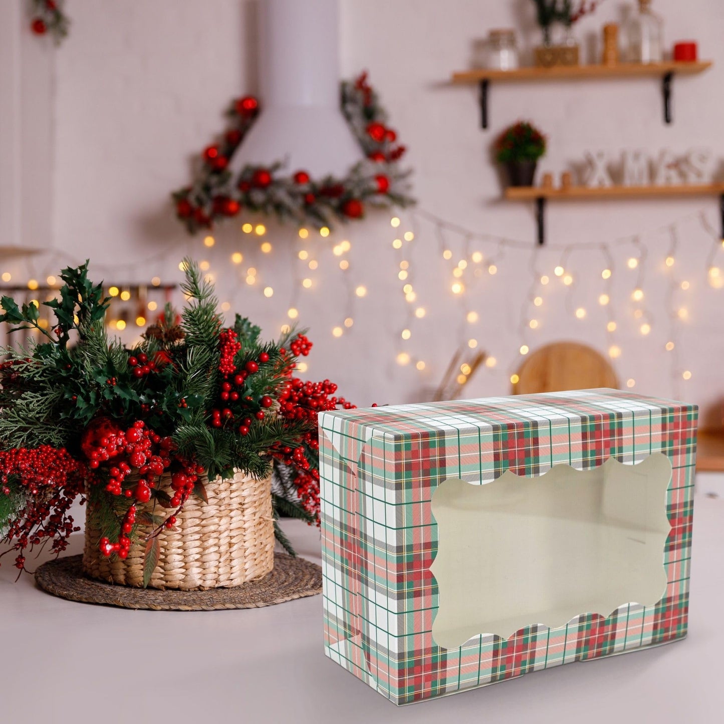 Christmas Cookie Boxes - 12 Pack - White & Red Tartan Plaid Bakery Gift Box with Window - Perfect for Pastries, Cupcakes, Macarons, Candy, & Treats - LG Size Easily Fits a Dozen Cookies - 12 pcs