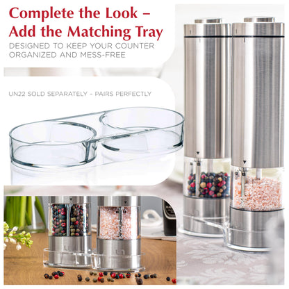 Electric Salt and Pepper Grinder Set - Battery Operated Stainless Steel Mill with Light (2 Mills) - Automatic One Handed Operation - Electronic Adjustable Shakers - Ceramic Grinders