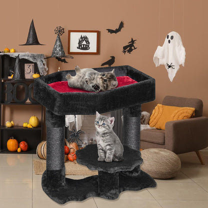 BEWISHOME Cat Tree Tower for Indoor Gothic Cat Trees with Coffin Bed, Halloween Cat House with Scratching Posts, Cat Shelves with Spider Toy, Spooky Coffin Black with Red, Small MMJ91R