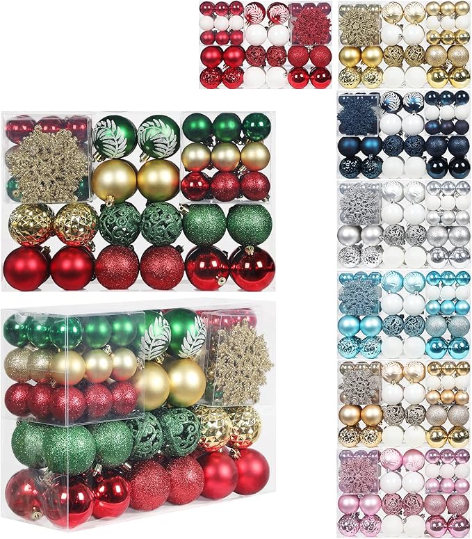 SY CRAFT 86 Pieces of Assorted Shatterproof Christmas Ball Snowflake Ornaments Seasonal Decorative Hanging Ornament Set with Hand-held Gift Package for Xmas Tree Decorations (86PCS, Green Red Gold)