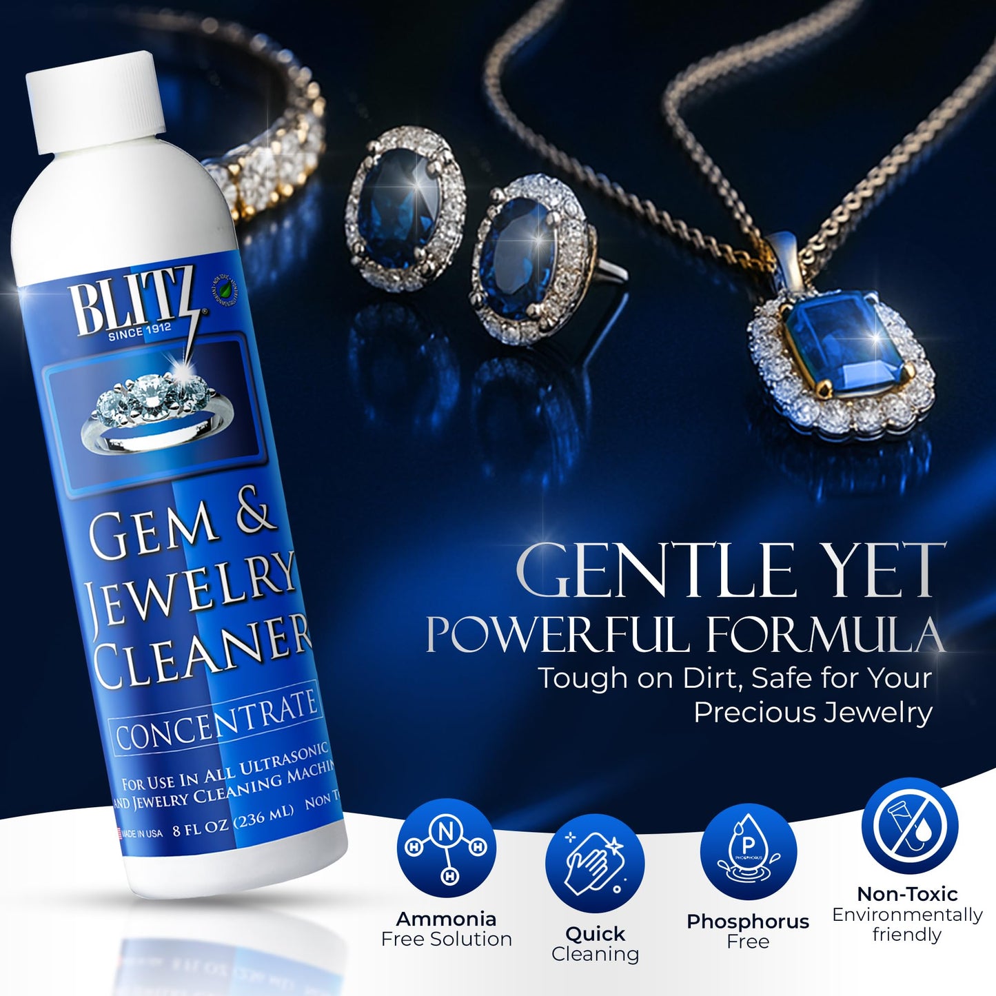 Blitz Gem & Jewelry Cleaner Liquid Concentrate for Gold, Silver, & Platinum Jewelry Cleans Non-Porous, Precious & Semi-Precious Stones. Non-Toxic, Non-Abrasive, & Planet Friendly Made in USA 8oz