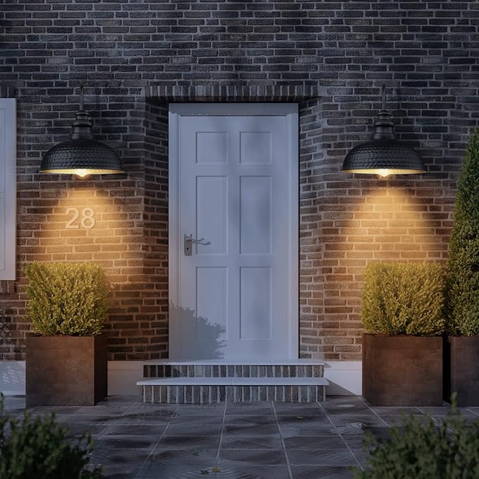 Dusk to Dawn Farmhouse Outdoor Barn Light Fixtures, 12 Inch Dome Gooseneck Exterior Wall Lights, Rustic Outdoor Wall Sconces Outside Wall Mount Lantern with Bead Shape for Porch, Garage, Doorway