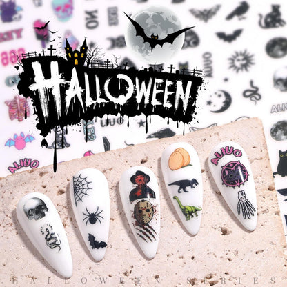 9 Sheets Halloween Nail Art Stickers Decals Scary Film Characters Ghost Face Skull 3D Self-Adhesive Nail Supplies Terror Vampire Spider Web Designs Holiday DIY Manicure Decorations for Women Kids Men