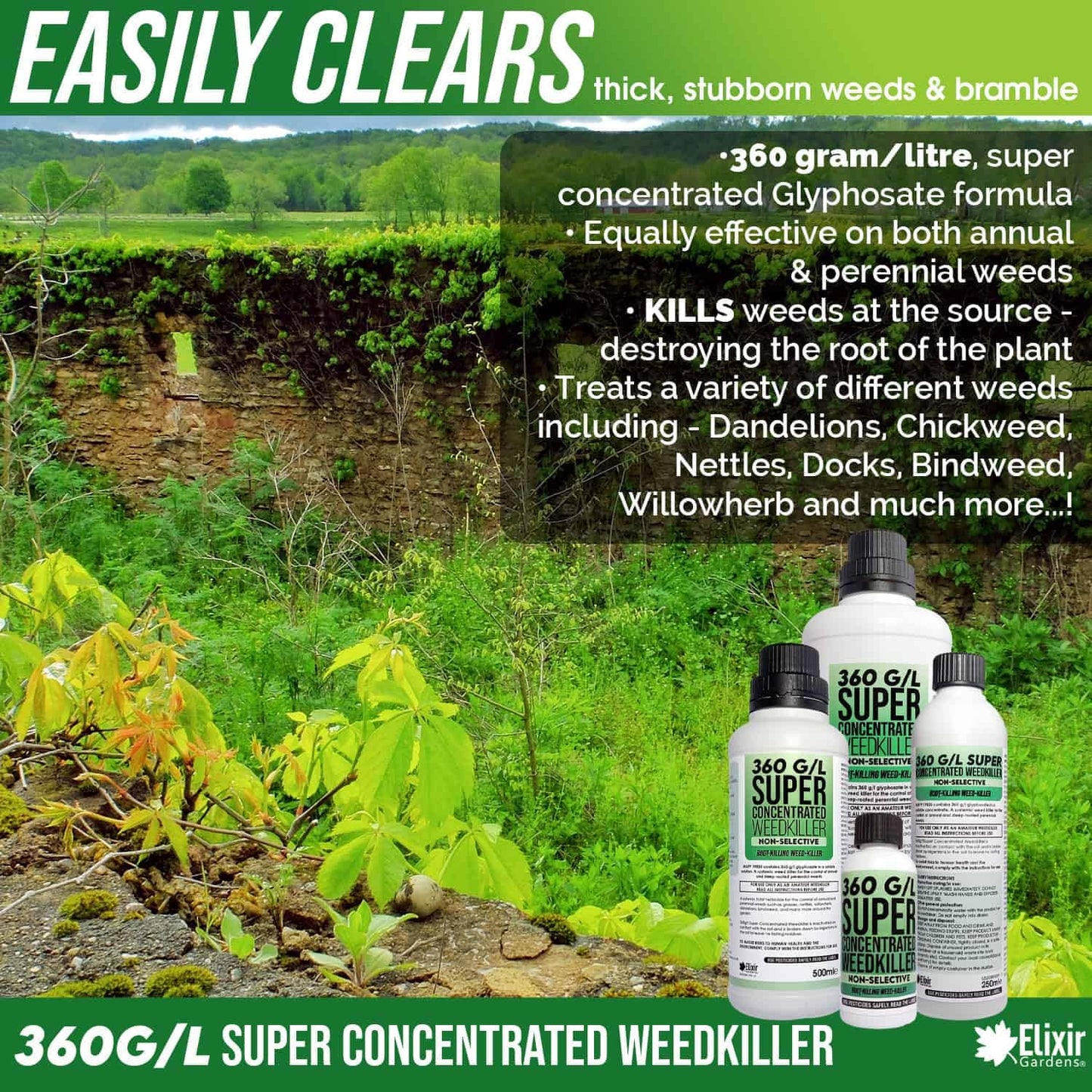 Elixir Gardens 360 g/l Glyphosate Commercial Industrial Strength Weed Killer | Treats up to 3332 sq.m | Concentrated Herbicide/Weedkiller | 2 x 1 Litre Bottle + Measuring Cup & Gloves