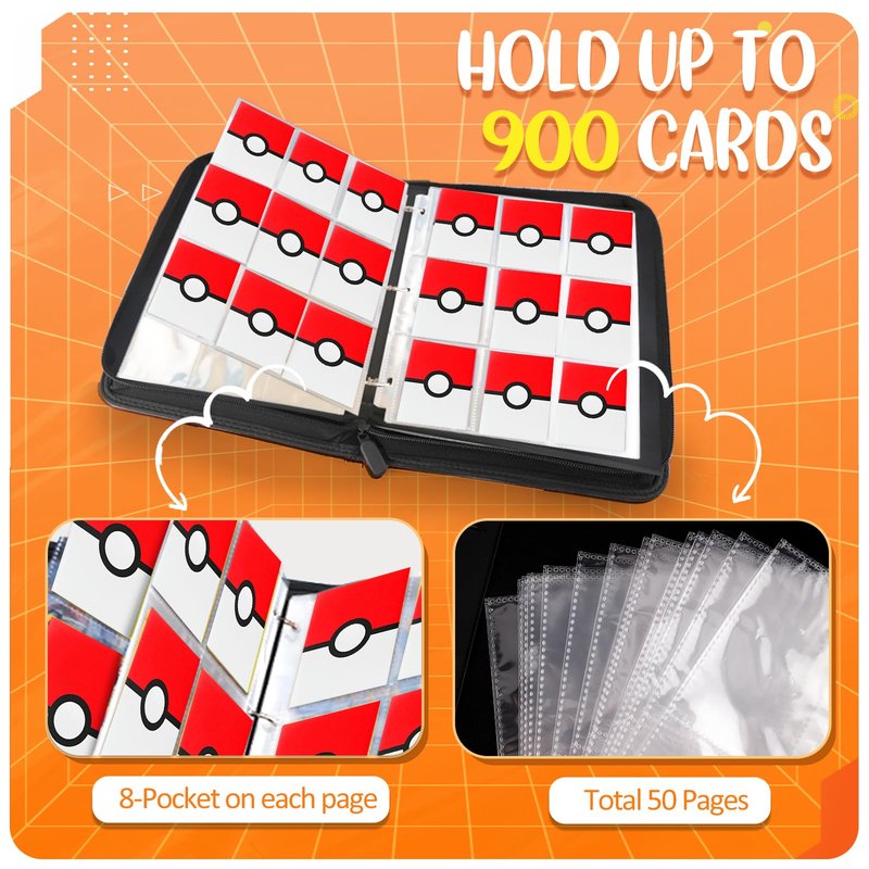 900 - Pockets Trading Card Binder with Removable 50 Sleeves, Card Collector Album with Zipper, Portable Card Holder Book Fits Sports Card, Game Card - Red