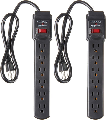 Amazon Basics Rectangle 6-Outlet, 600 Joule Surge Protector Power Strip, 2ft, Small, White, 2-Pack