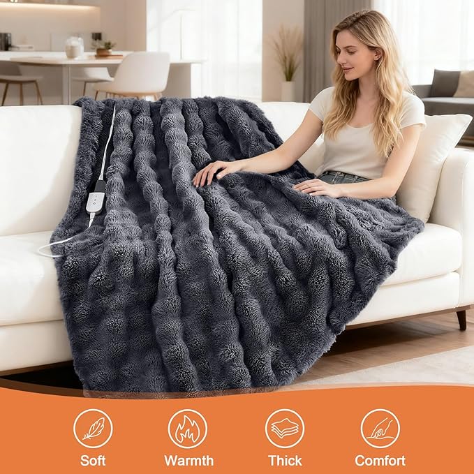 Heated Blanket Electric Throw Blanket 62''X 84''-Heating Blanket with 6 Heat Settings-10 Hours Auto Off,Cozy Faux Rabbit Fur Bubble Electric Blanket,Dark Gray