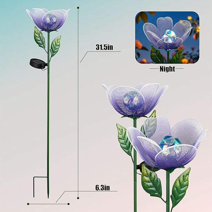 Flower Solar Lights for Outside,2 Pack Metal Flower Solar Lights for Outside,Tulip Solar Powered Garden Light Outdoor Decor,Housewarming Ornament for Patio, Lawn, Yard, Pathway (Breathing light)