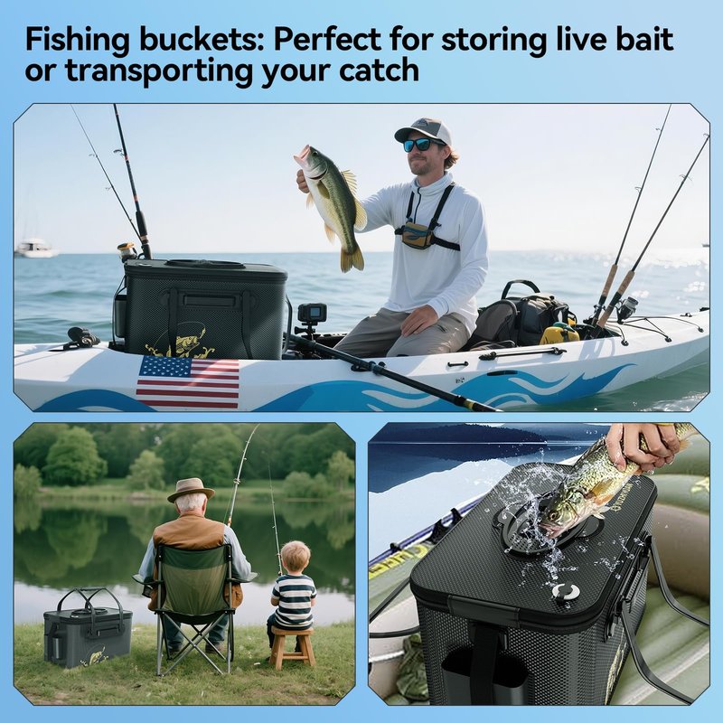 yuzhiyuan Fishing Bucket Foldable， 6Gallon/8Gallon/10Gallon,Live Fish Container Multi-Functional Live Fish Bait Bucket,for Fishing, Camping, Moving
