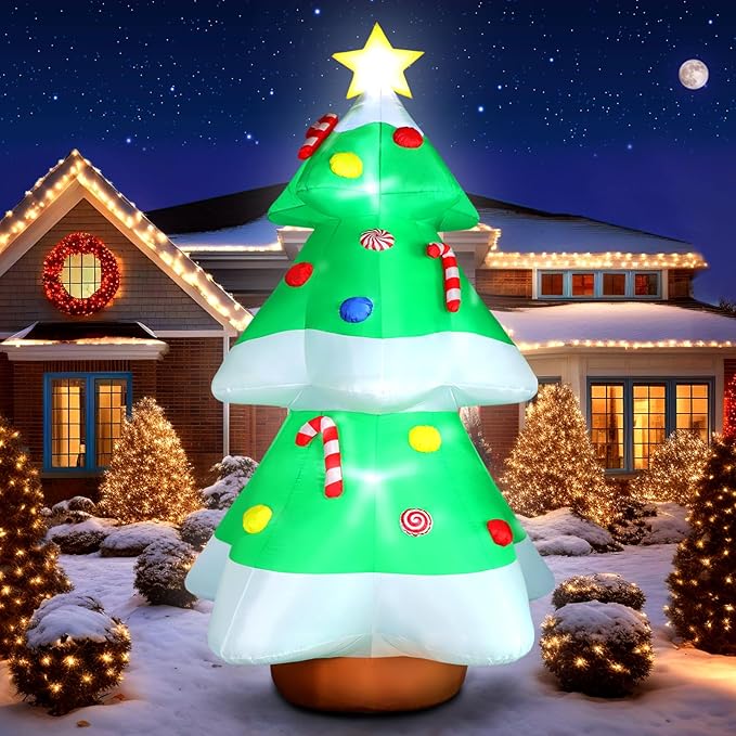 FunFanso 10FT Christmas Tree Inflatables Outdoor Decorations with LED Lights, Giant Blow Up Christmas Tree Yard Decor with Star Treetop & Colorful Candy for Xmas Holiday Party Garden Patio Lawn Decor