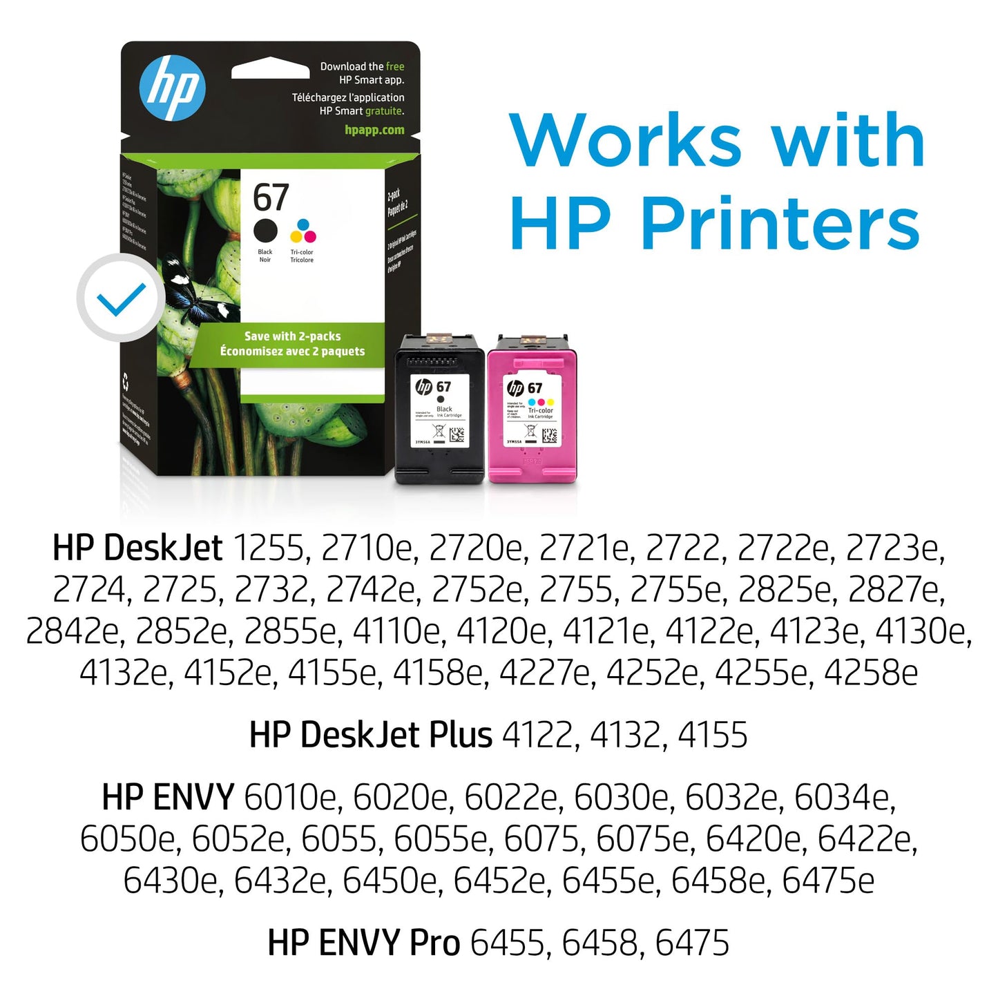 HP 67 Black/Tri-color Ink Cartridges for HP Printers | Works with Printer Series: DeskJet 1255, 2700, 4100; ENVY 6000, 6400 | Eligible for Instant Ink | 3YP29AN