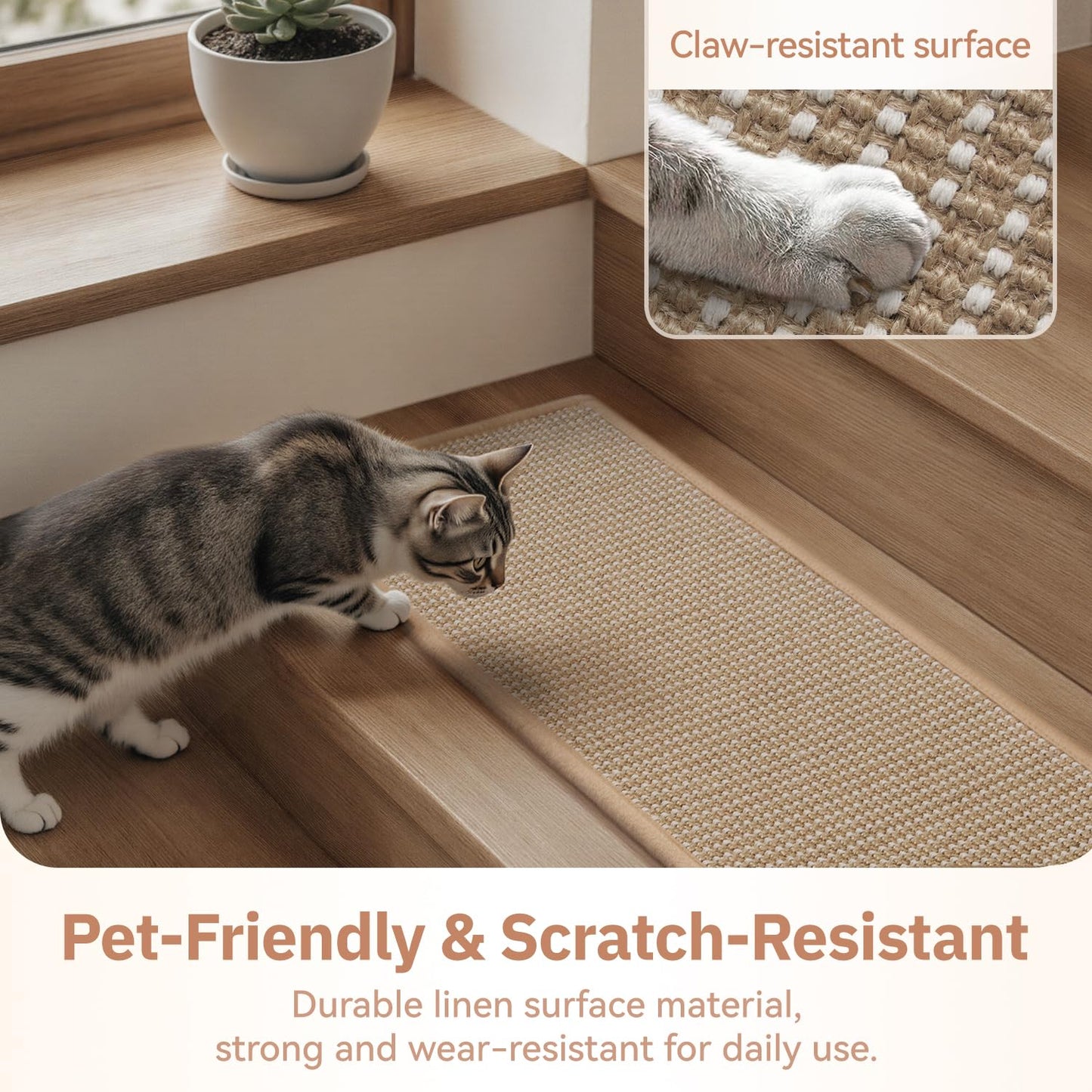 15PC Jute Stair Treads for Wooden Steps-Non Slip Peel and Stick Stair Treads Indoor, Adhesive Staircase Step Treads Residue Free, Cat-Friendly & Scratch-Resistant Durable Stair Runner Rug,8"x30" Beige