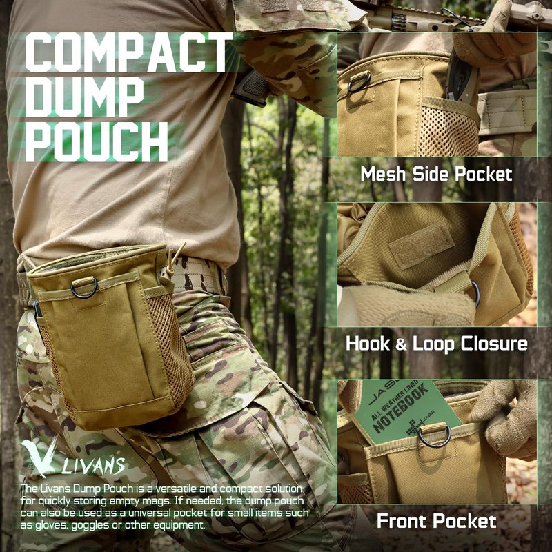 LIVANS Tactical Molle Dump Pouch, Magazine Recovery Pouch Drastring Ammo Bag Belt Utility Fanny Adjustable Military Holster Bag Outdoor for Airsoft Paintball Hunting Gear with D-Ring Grimlock