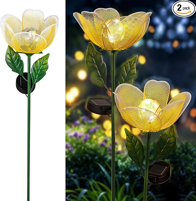 Flower Solar Lights for Outside,2 Pack Metal Flower Solar Lights for Outside,Tulip Solar Powered Garden Light Outdoor Decor,Housewarming Ornament for Patio, Lawn, Yard, Pathway (Breathing Light)