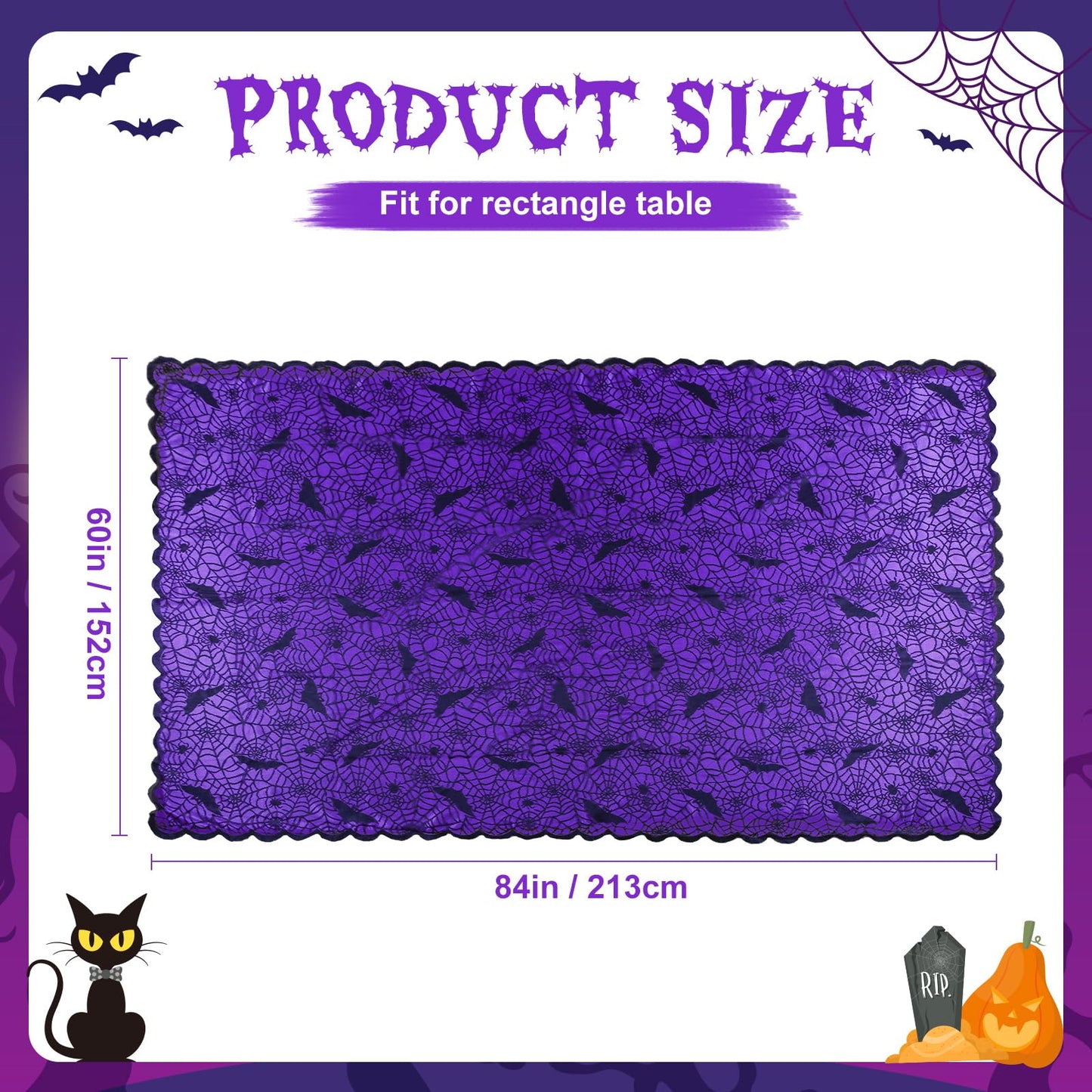 OurWarm 2PCS Halloween Tablecloth, Rectangular Polyester Black Lace & Purple Lined Tablecloth, Spider Web Table Cover for Scary Halloween Table Decorations, 60 x 84 Inch