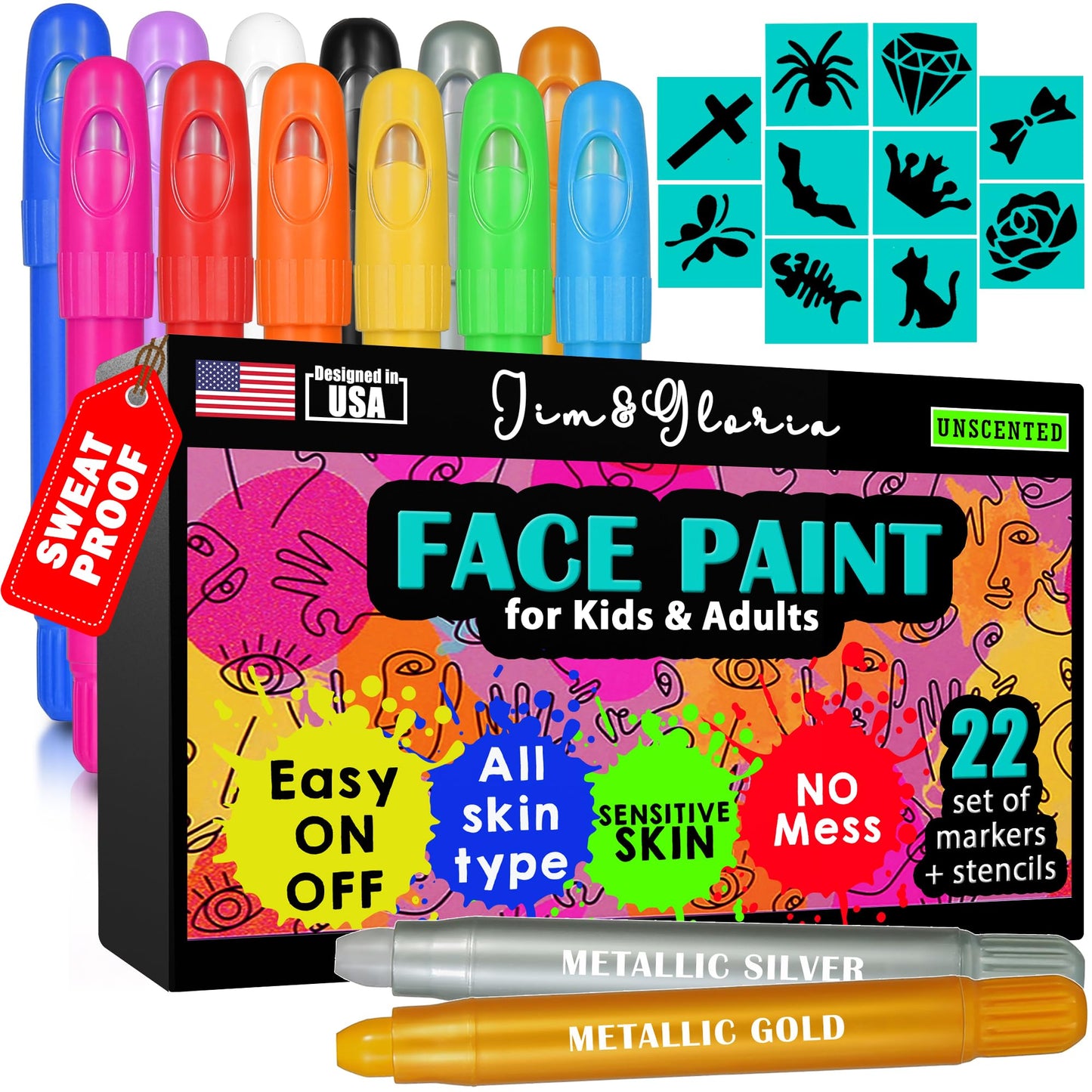 Jim&Gloria Water Based Face Paint Kit with Stencils, 12 Large Professional Face Painting Kit for Kids Party Facepaint Halloween Makeup Washable Body Paint for Adults Skin Color Crayons, Boy Girl Gifts