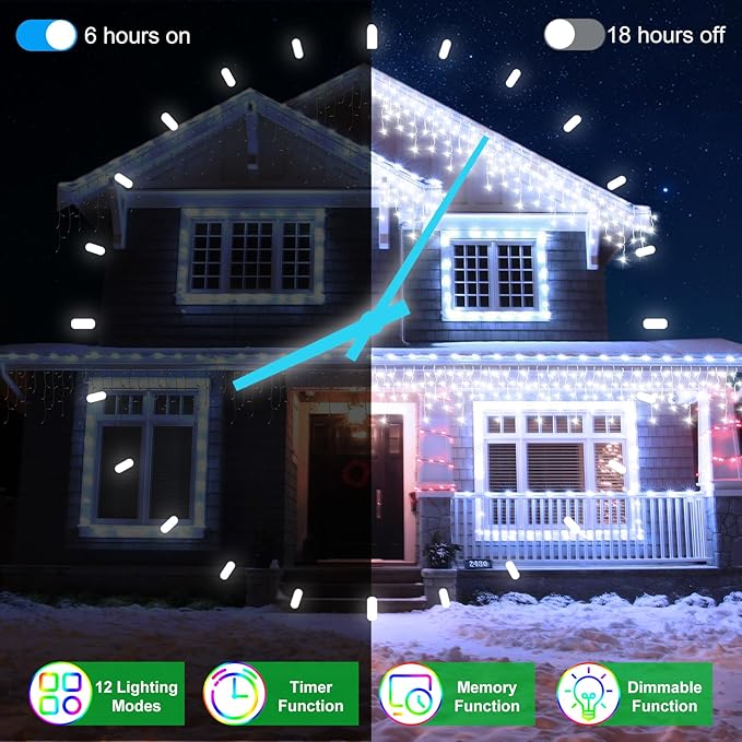 82FT 810 LED Christmas Lights 180 Ice Drops, 12 Lighting Modes and Timer Memory Dimmable, Outdoor Waterproof Hanging Ice String Light for Holiday Wedding Garden Fence House Outside Decor (Cool White)