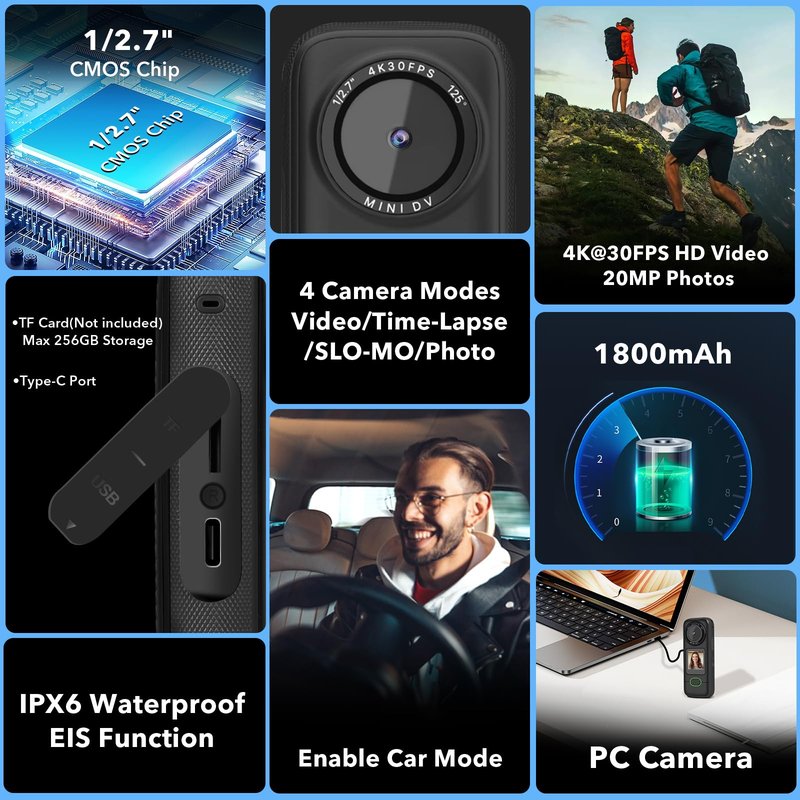 YYCAMUS Waterproof Action Camera with 1/1.27"" Sensor, 4K Video Streaming 20MP Photos Stabilization Video Camera, 1.4"" IPS Touchscreen Dual Microphones Webcam WiFi Camera Body Cam, Black