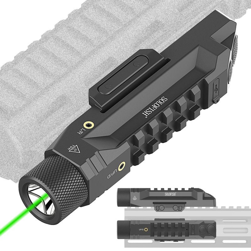 Solofish 1750 Lumens Green Laser Light Combo is Compatible with Picatinny/Mlok Rail for Rifle, Rechargeable Weapon Flashlight with Strobe/Momentary, with Power Level Indicator