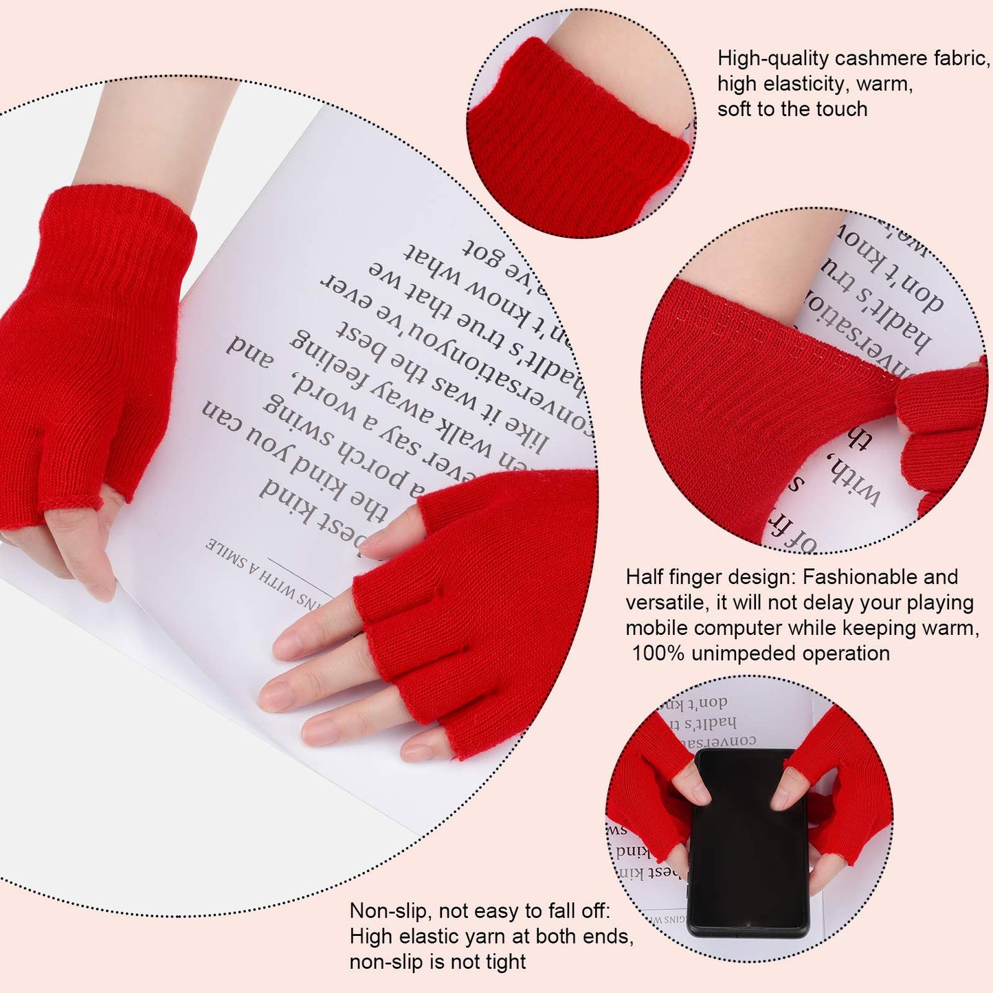 Bememo 4 Pairs Fingerless Gloves Half Finger Mittens Winter Solid Color Knitted Typing Gloves for Boys and Girls (Pink, Red, Green, Light Purple)