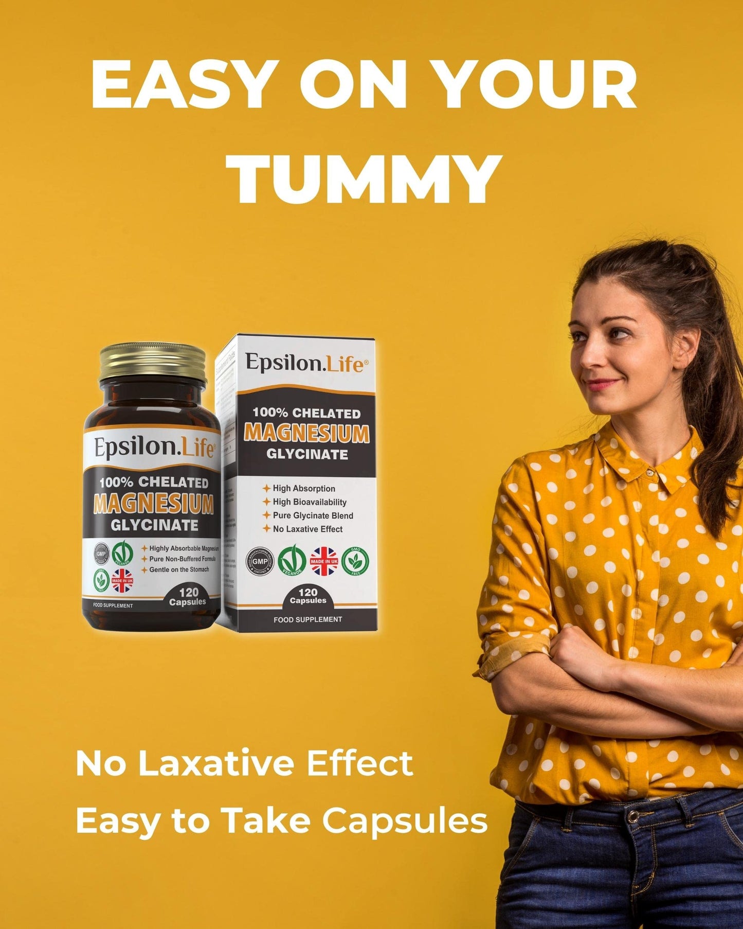 Epsilon Magnesium Glycinate Supplements - Chelated Mg Bisglycinate Supplement - 120 Easy to Take Vegan Capsules - 500mg Unbuffered Magnesium-Glycinate per Capsule - UK-Made
