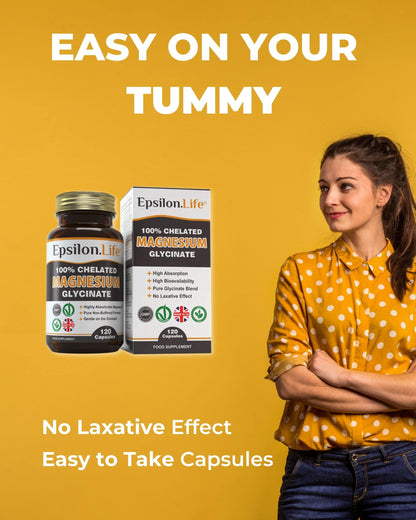 Epsilon Magnesium Glycinate Supplements - Chelated Mg Bisglycinate Supplement - 120 Easy to Take Vegan Capsules - 500mg Unbuffered Magnesium-Glycinate per Capsule - UK-Made
