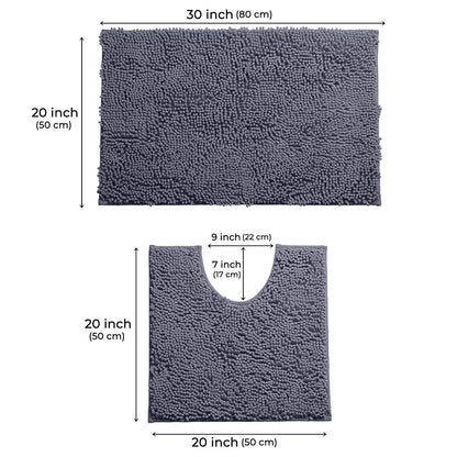 LuxUrux Bath Mat Set, Luxury Chenille (2-Piece) Soft Plush Anti-Slip Rug + Toilet Mat.1'' Microfiber Shaggy Carpet, Super Absorbent (Dark Grey, 80 x 50 cm + U Shaped 50 x 50 cm)