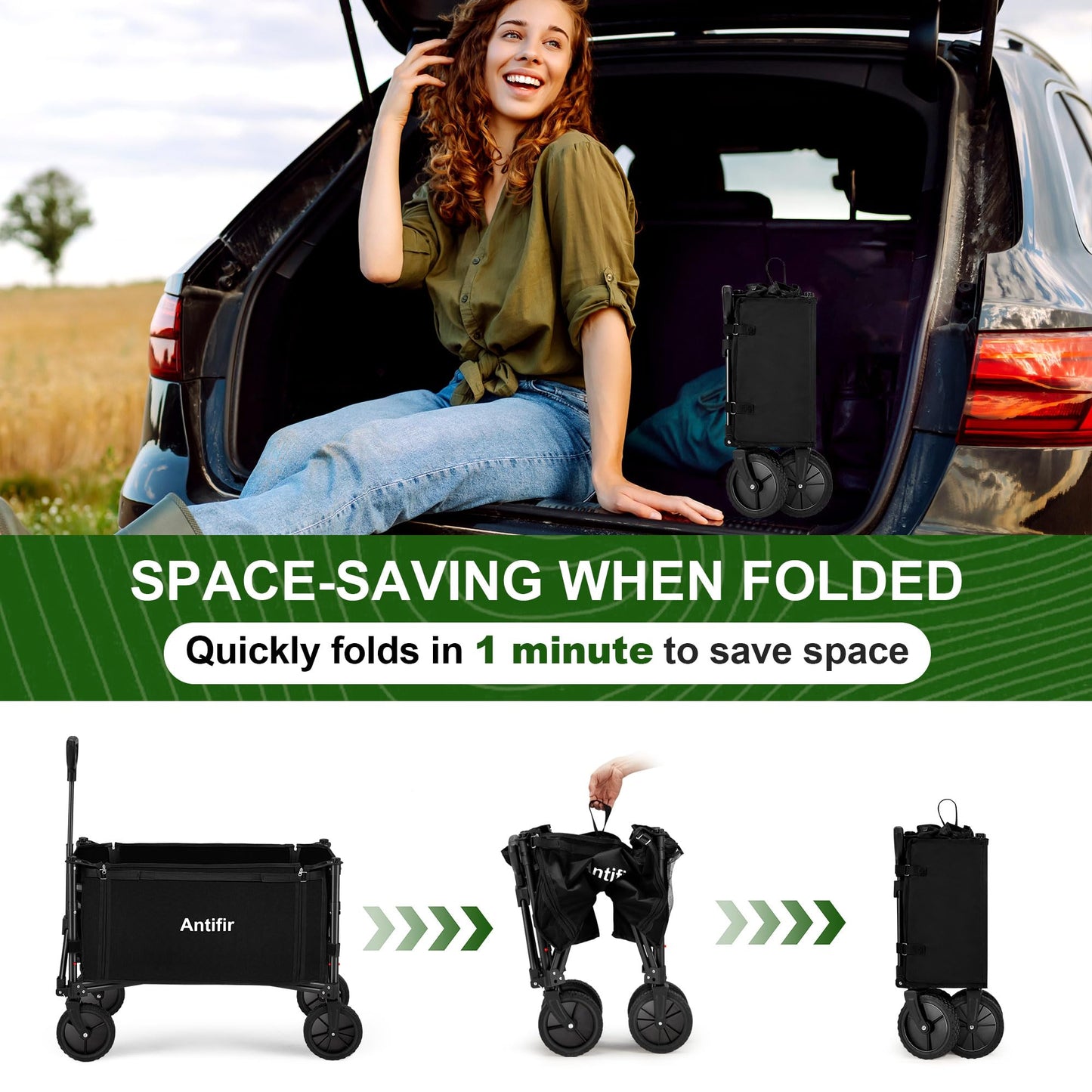 Antifir Collapsible Wagon Carts,Folding Wagon Cart with All Terrain Wheels,Heavy Duty Garden Carts with Adjustable Handle,Outdoor Utility Wagon for Camping Shopping Sports Fishing (Black)