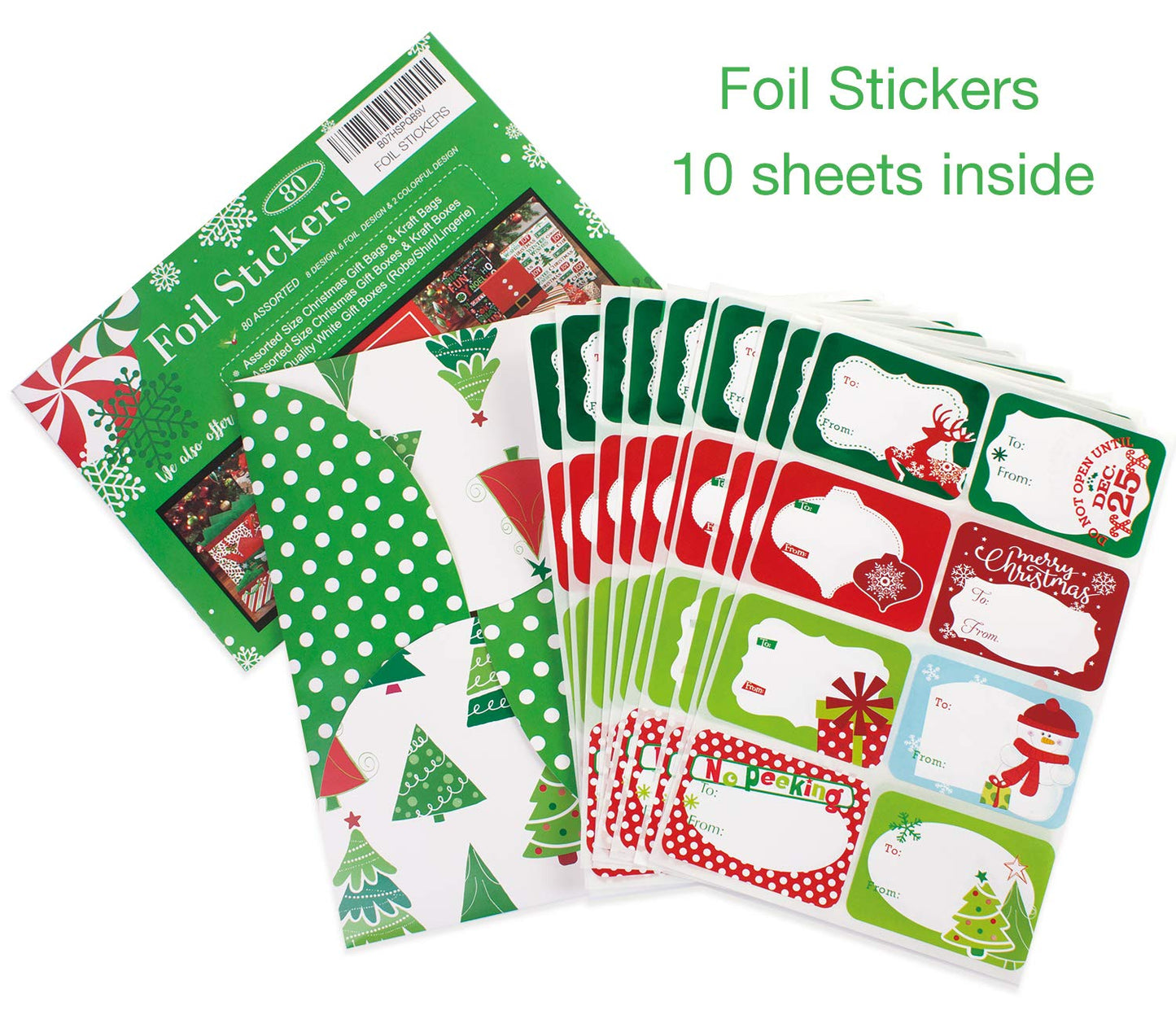80-Count Foil Christmas Tag Stickers, 8 Jumbo Designs - Xmas to from Christmas Name Tags Write On Labels - Holiday Present Gift Labels