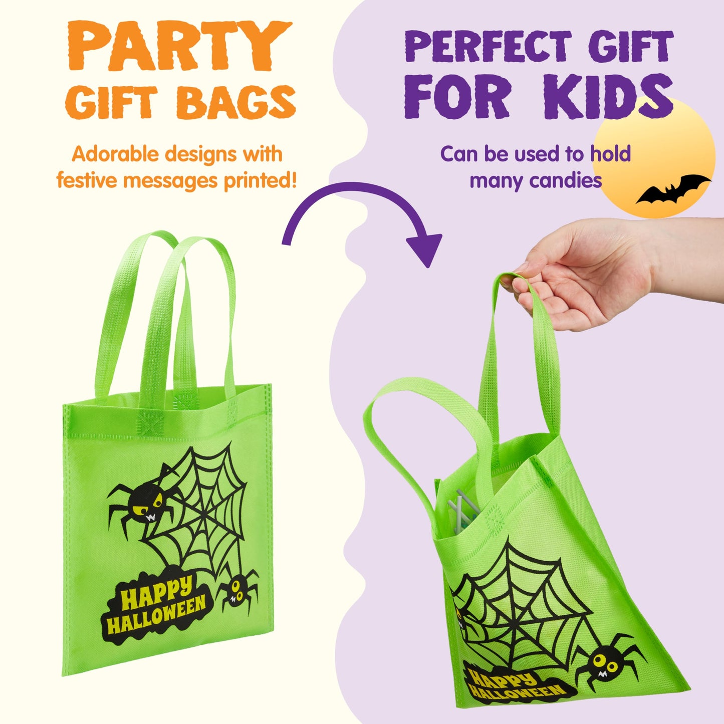 JOYIN 24PCS Halloween Non-Woven Treat Bags, 9" Goodie Totes Bags with Handles, Halloween Candy Bag for Kids Trick or Treating, 6 Cute Designs Gifts Goody Bag Bulk for Classroom Party Favor Supplies