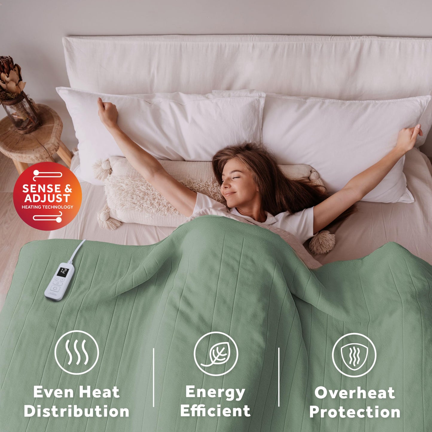 Sunbeam Royal Ultra Fleece Heated Electric Blanket King Size, 90" x 100", 12 Heat Settings, 12-Hour Auto Shut-Off, Machine Washable, Pebble Beige