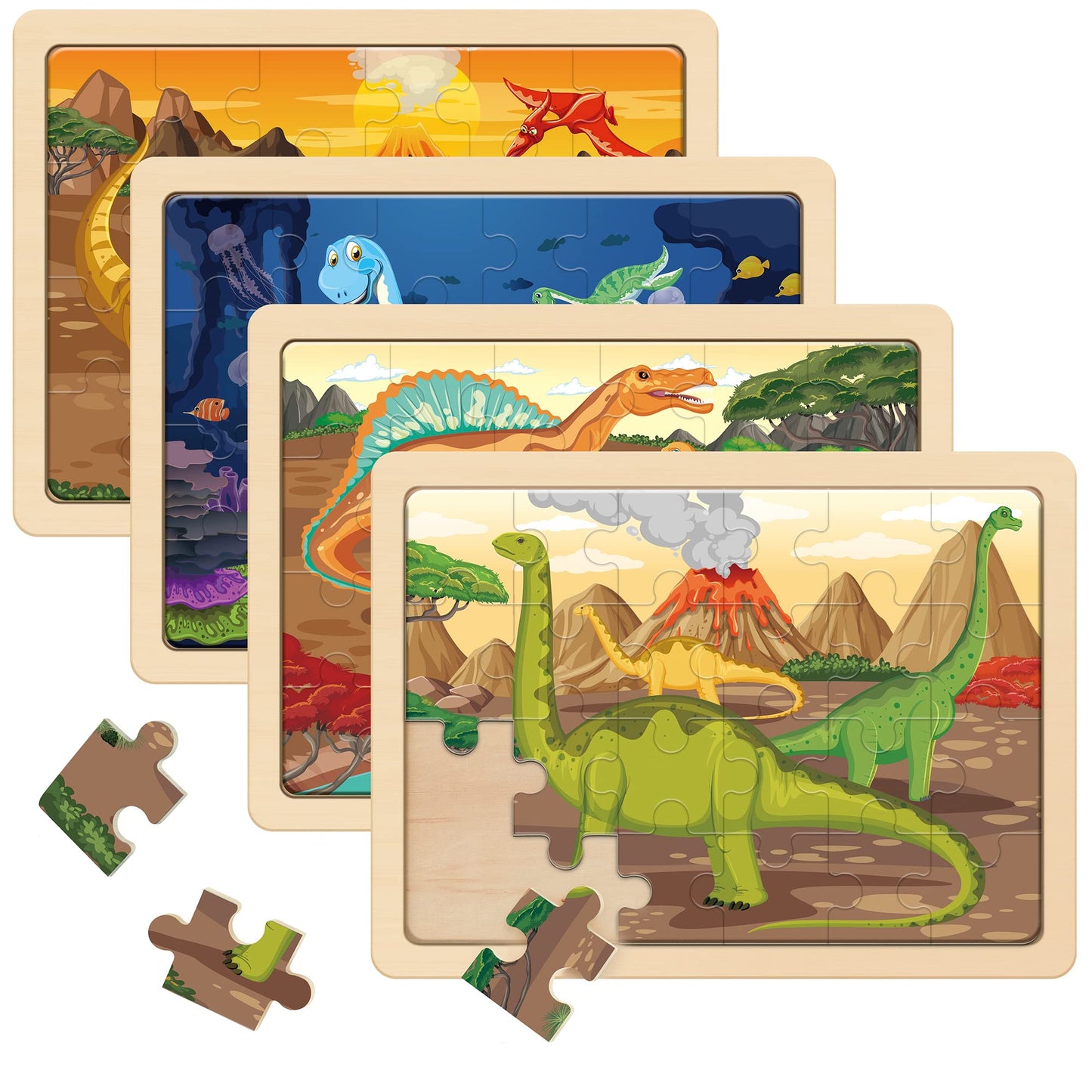 SYNARRY Wooden Dinosaur Jigsaw Puzzles for Kids Ages 3 4 5 6, 4 Packs 24 Piece Dino Puzzles, Preschool Educational Games Gifts for Children, Dinosaur Toys for 3 4 5 6 Year Old Boys Girls