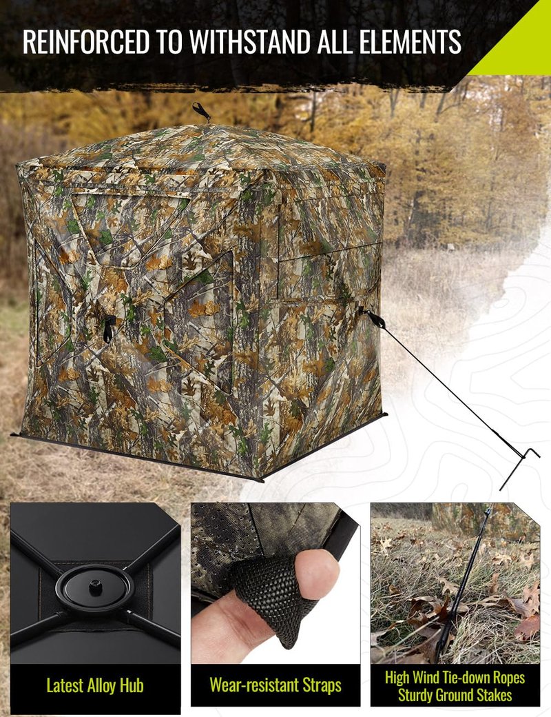 TIDEWE Hunting Blind 270°Full See Through with Windproof Curtain, Silent Magnetic Door & Sliding Windows, 2-3 Person Pop Up Ground Blind with Carrying Bag, 300D Portable Tent (FD Camo Half Seethrough)