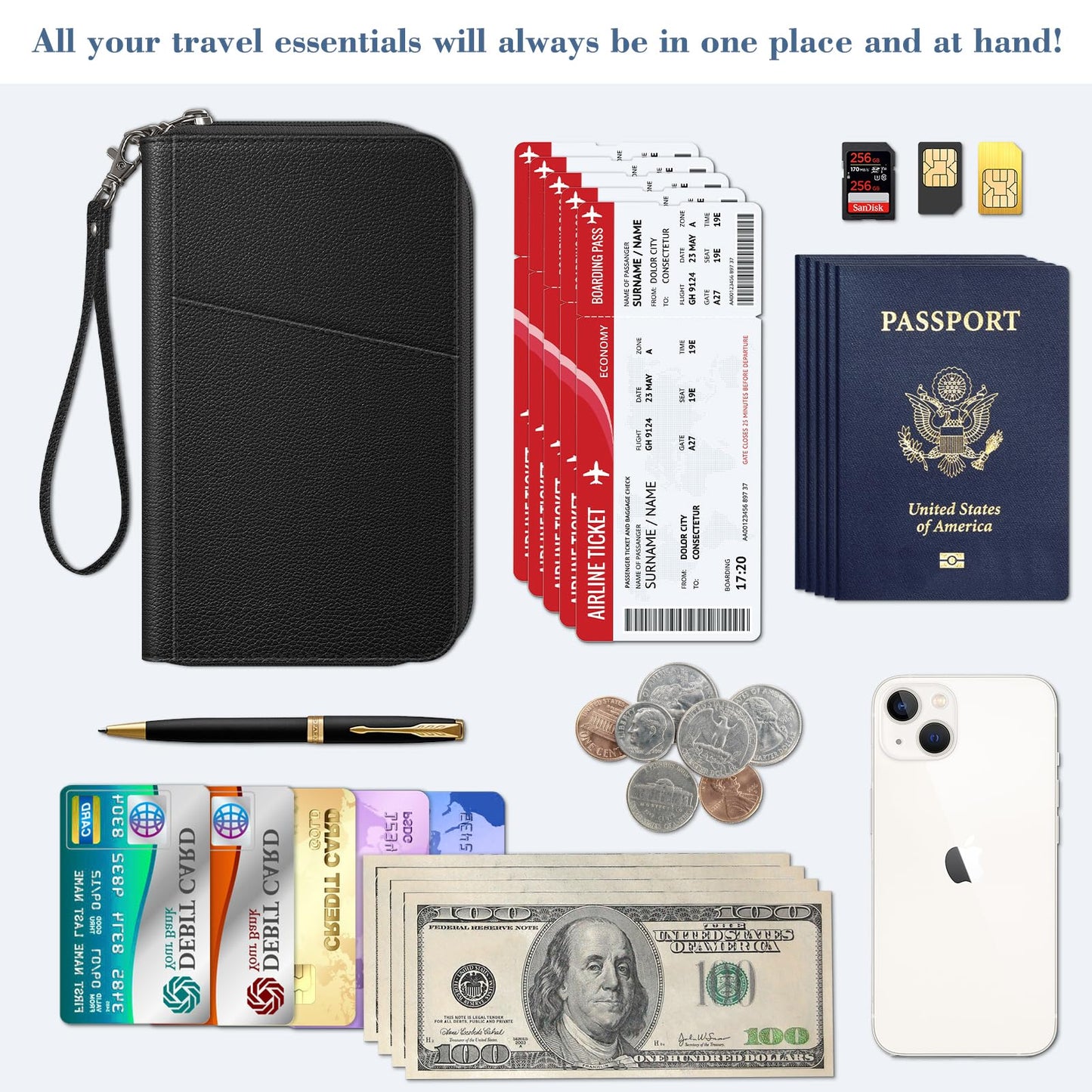 FINTIE Family Passport Holder Wallet, RFID Blocking Travel Document Organizer Clutch Bag Credit Cards Case Cover for Women Men, Black