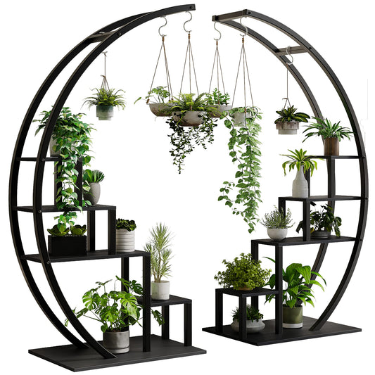 GarveeLife Plant Stand Indoor 5 Tier Tall, Metal Half Moon Plant Shelf 2 Pack, Stylish Tiered Flower Rack for Multiple Plants Display, Tall and Space-Saving Design