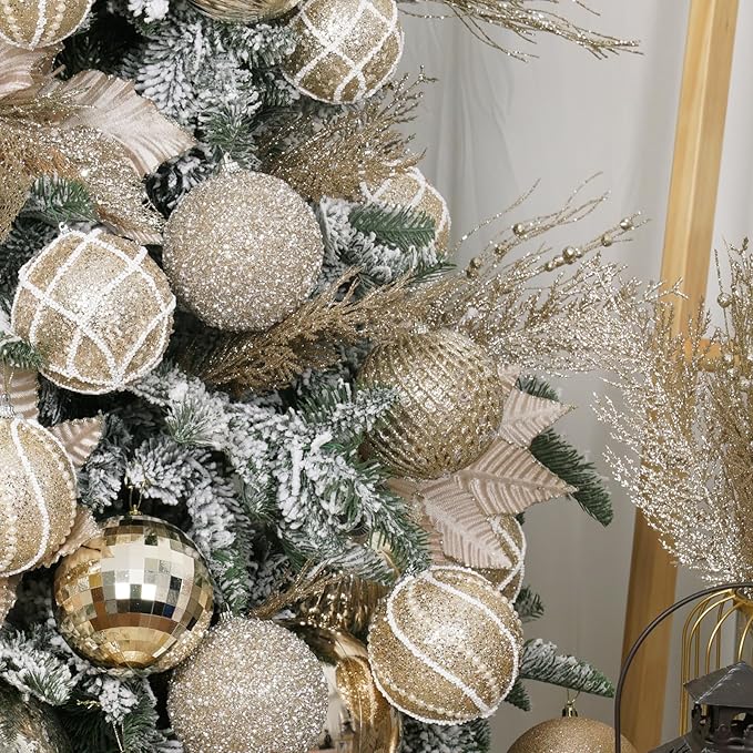 6pcs 3.94" Christmas Ball Ornaments Glitter Shatterproof Christmas Tree Ornaments Sequin Xmas Hanging Balls Decorations for Wedding Party Holiday(Champagne Gold, 6pc-10cm)