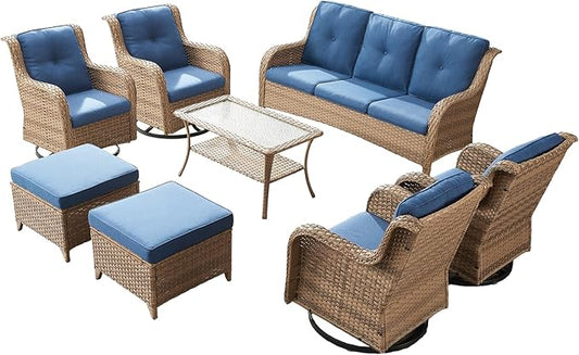 Patio Furniture Swivel Chairs Set - 8 Piece Wicker Rattan Outdoor Sectional Conversation Sets with 4 Swivel Rocking Chairs,2 Ottomans,1 Sofa and 1 Coffee Table for Porch Deck Garden(Yellow/Blue)