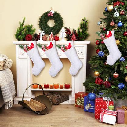 JOVITEC 4 Pcs 20 Inch White Christmas Stockings Faux Fur Snowy Christmas Stockings Xmas Fireplace Hanging Stocking Candy Gift Bags for Holiday Decorations