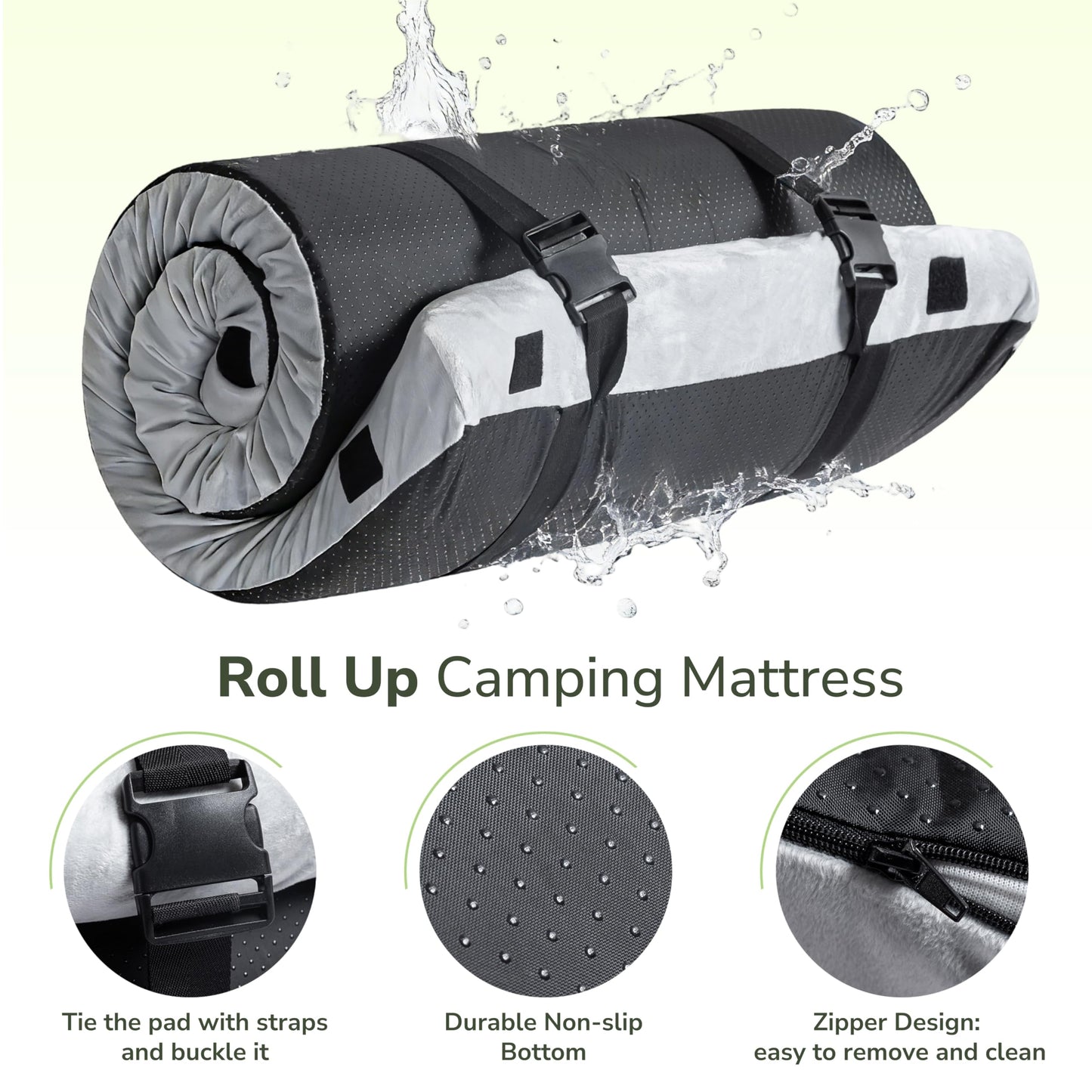 Memory Foam Camping Mattress 2.5 inch, Cot Pads, Single Small Portable Roll Up Camping Sleep Topper with Waterproof and Non-Slip Bottom, Camping Car Mat with Travel Bag, 72"×24"×2.5", Grey