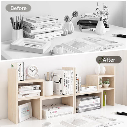 Jerry & Maggie Desktop Organizer Office Storage Rack Adjustable Wood Display Shelf, White, 5 Units, 16"L x 15.8"H x 6.8"W