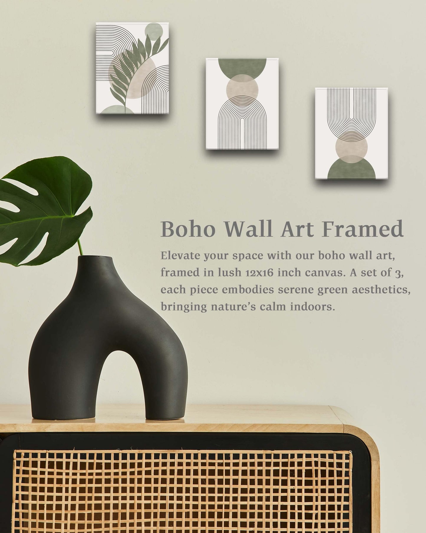 HesenDot Sage Green Boho Framed Wall Art,30x40CM Canvas Posters Prints,Minimalist Wall Decor,Mid-Century Modern Abstract Printing for Living Room Bedroom Bathroom Office,Set of 3