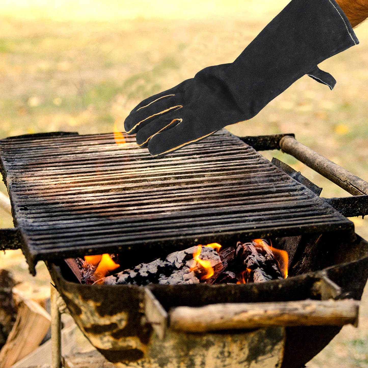 chengsan Extreme Heat & Fire Resistant Gloves Leather with Kevlar Stitching,Perfect for Fireplace, Stove, Oven, Grill, Welding, BBQ, Mig, Pot Holder, Animal Handling, Black-Grey