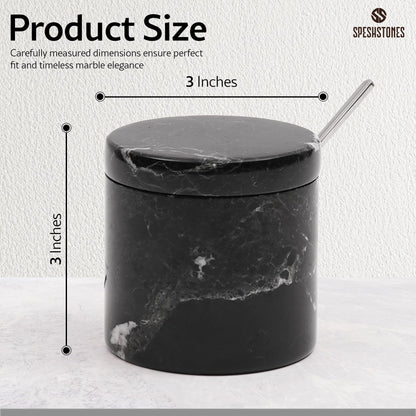 SPESHSTONES Marble Salt Cellar with Lid and Spoon 3 Inch Handmade Black Small Seasoning Containers - Decorative Spice Jars, Sugar Bowl & Flaky Salt Dish for Kitchen Countertop Storage