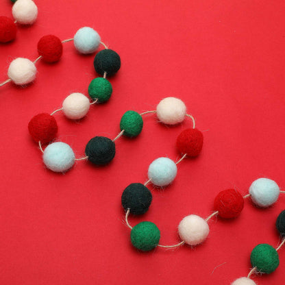 3 Pieces Christmas Felt Balls Garland Wool Pom Pom Garland Banner for Christmas Party Holiday Decoration(Red, White, Green, Lake Green, Dark Green)